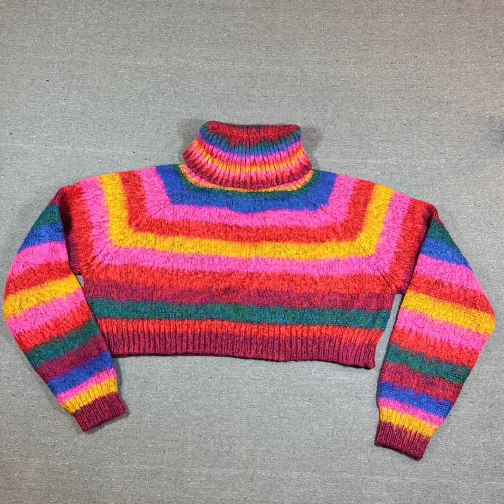 UNIF Rainbow Striped Cropped Turtleneck Sweater Multicolor Knit XS